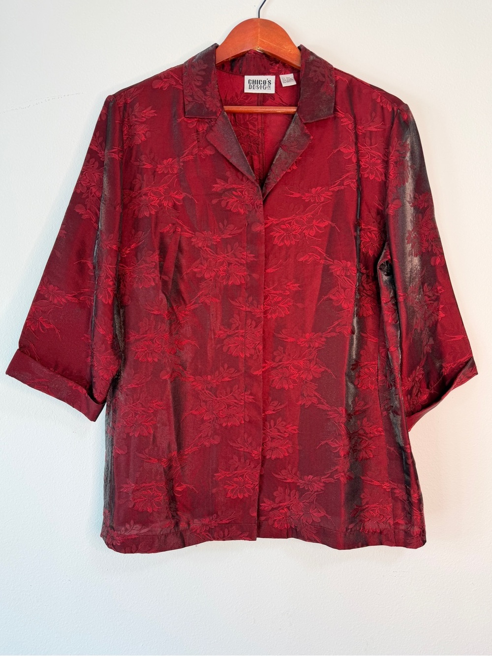 Vintage Chicos Red Floral Jacquard Button Front Top Large Silk Blend Whimsigoth